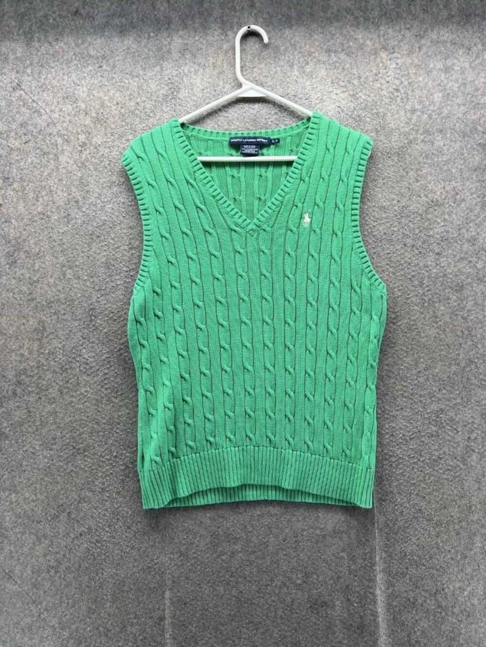 Ralph Lauren Sport Sweater Vest Womens XL Green V Neck Cable Knit Logo Pullover